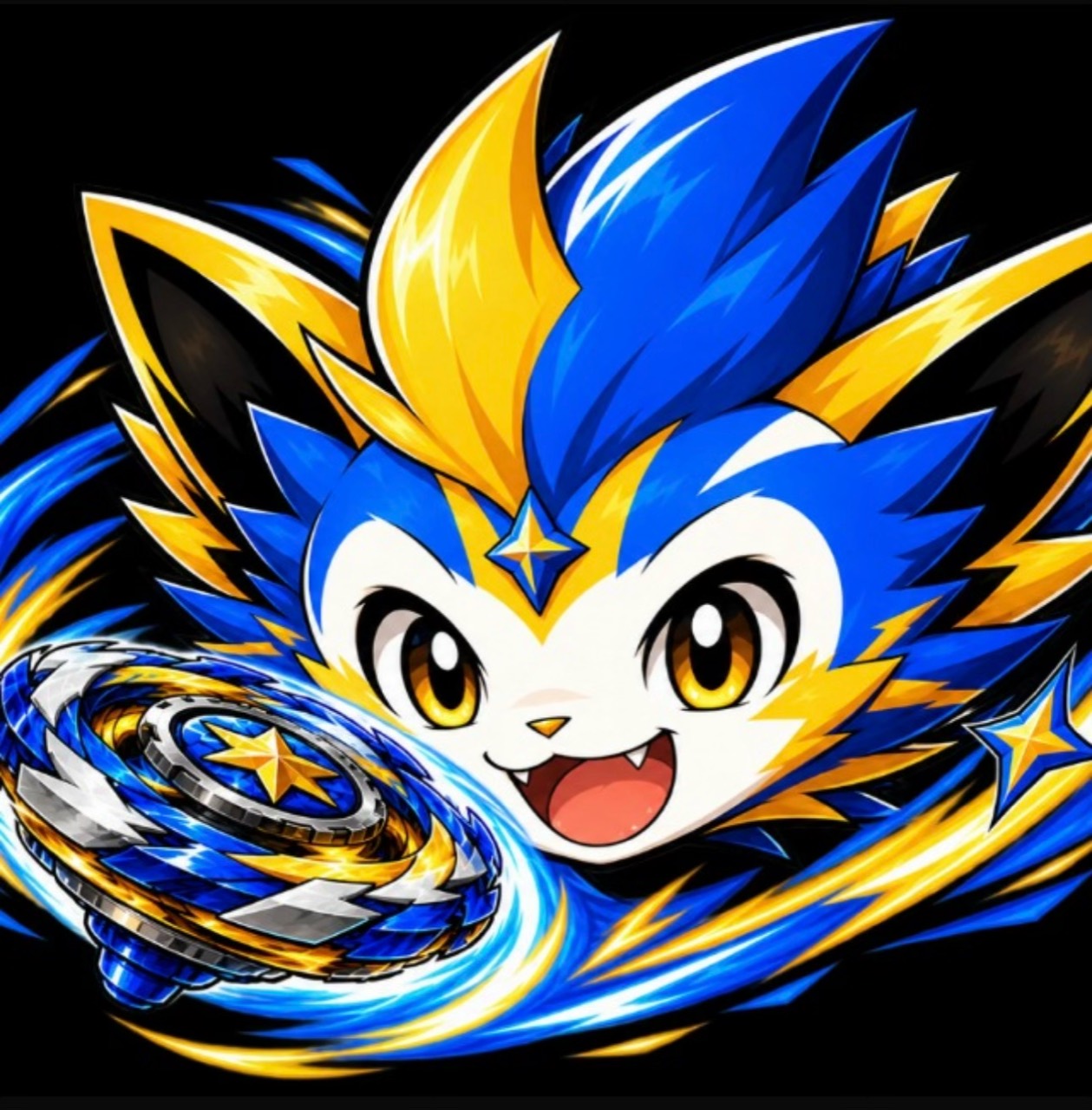 The sgbeylion mascot with blue and gold fur, holding a Beyblade.